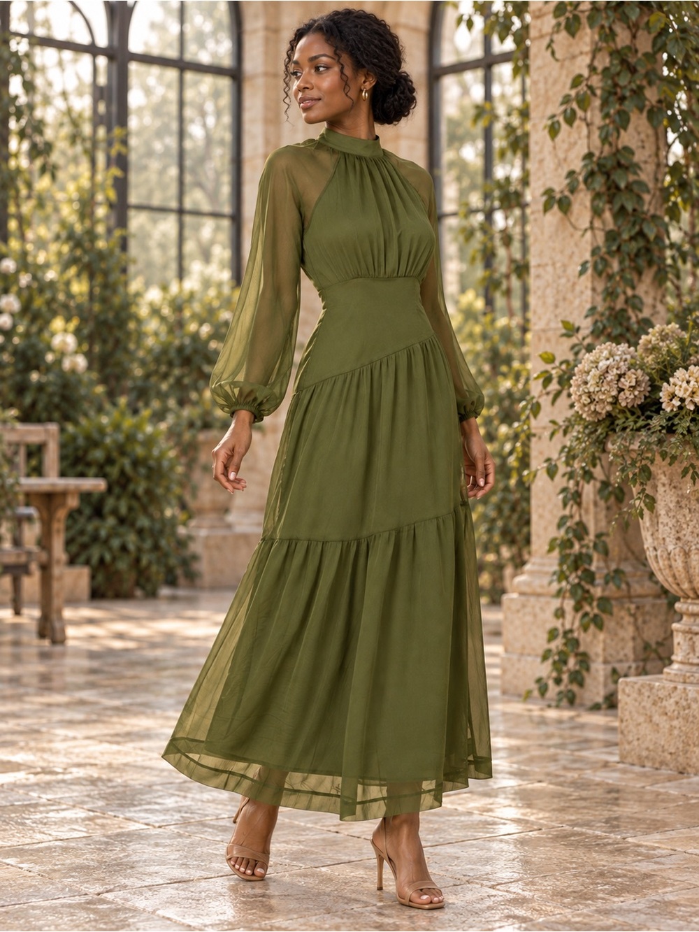 NEW Petal & Pup Julip Olive Sheer Sleeve Maxi Dress Formal Wedding Guest - Picture 3 of 5